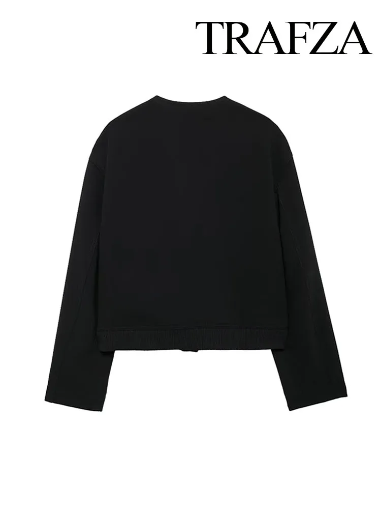 TRAFZA-chaquetas de manga larga con cuello redondo para mujer, abrigos elegantes de estilo urbano, con bolsillos, de una sola botonadura, color negro, a la moda, para otoño