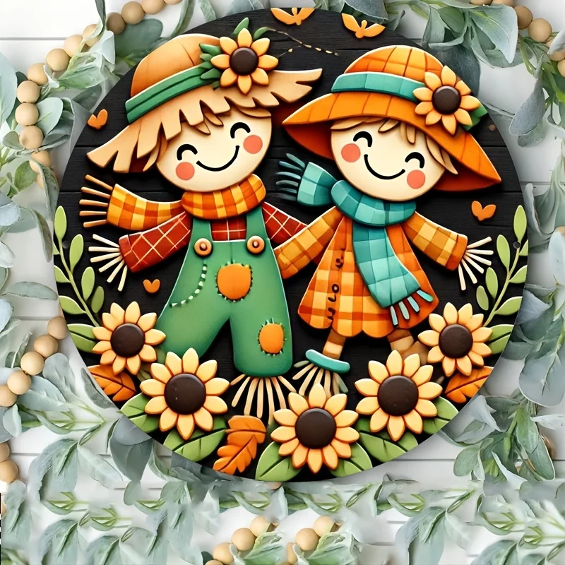 Sunflower Nocturne, Charming 8.0X8.0inch Wooden Wreath Sign with Scarecrow And Sunflowers - Durable, Scratch-Resistant Wood Deco