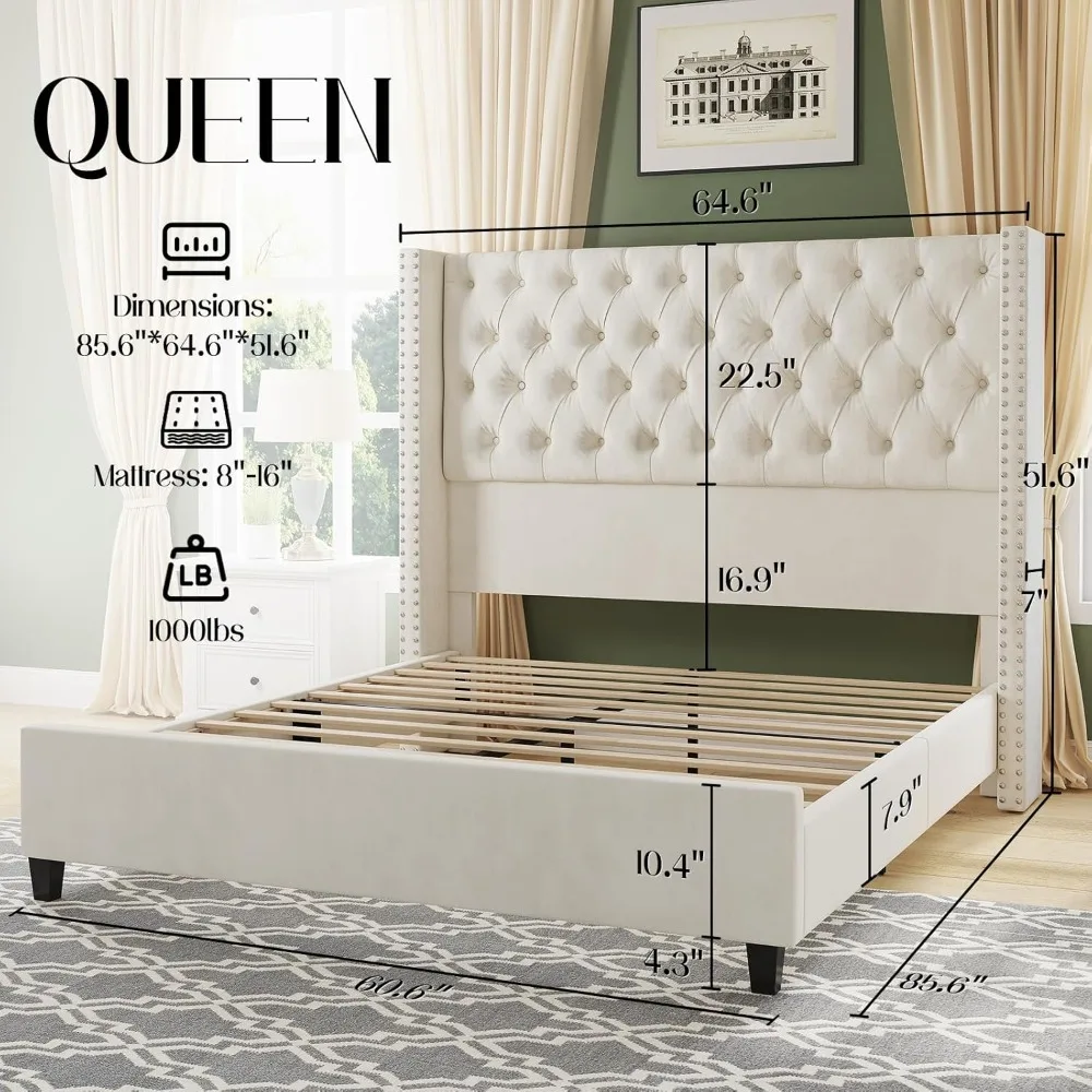 Queen Bed Frame with Tall Headboard Wingback Platform Bed Tufted Deep Button Velvet, No Box Spring Needed, Bed Frame