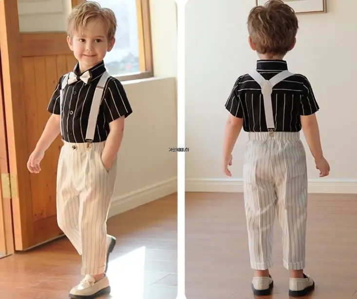 

Flower Boys Summer Photograph Dress Children White Stripe Performance Suit Kids Formal Graduation Ceremony Show Tuxedo Wear