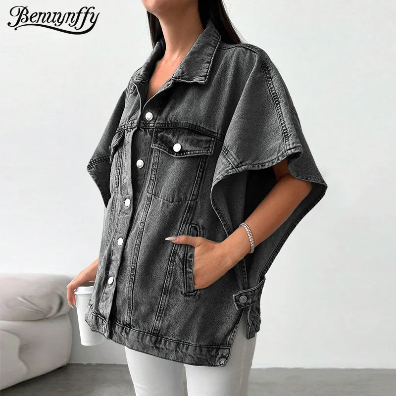 

Benuynffy Plus Size Vintage Turn-Down Collar Cape Sleeve Denim Jacket Women's Oversize Single Breasted Casual Jean Outerwear