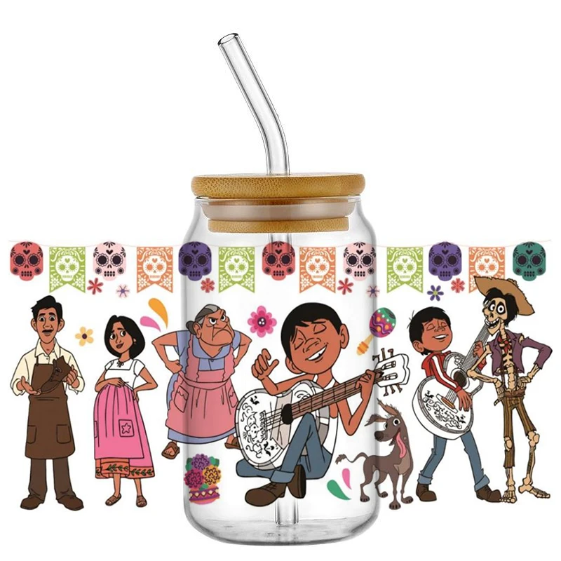 Cartoon music Coco Decals UV DTF Cup Wraps Transfer Stickers For 16OZ Libbey Glass Can Bottle Selfadhesive Waterproof