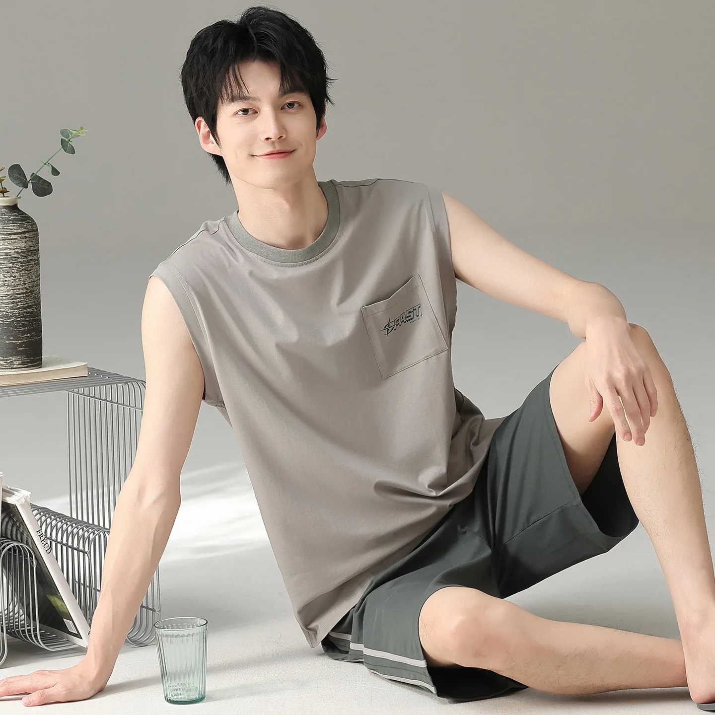 Summer Cotton Pajamas Loungewear Set Men's Youth Sports Sleeveless Shorts Loose Casual Loungewear Plus Size Suit pyjama men