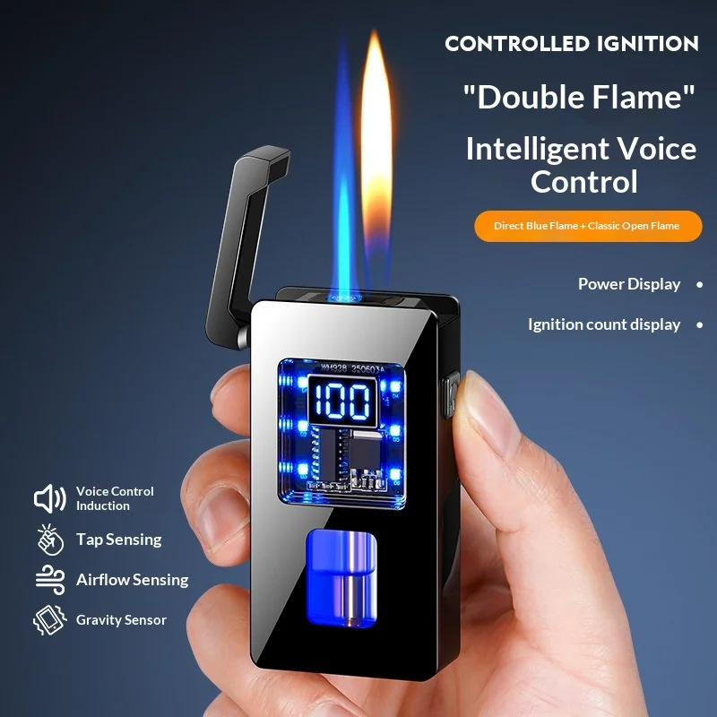 

New Gas Electric Direct Flame Voice Controlled Lighter with High Aesthetic Value and Intelligent Digital Display