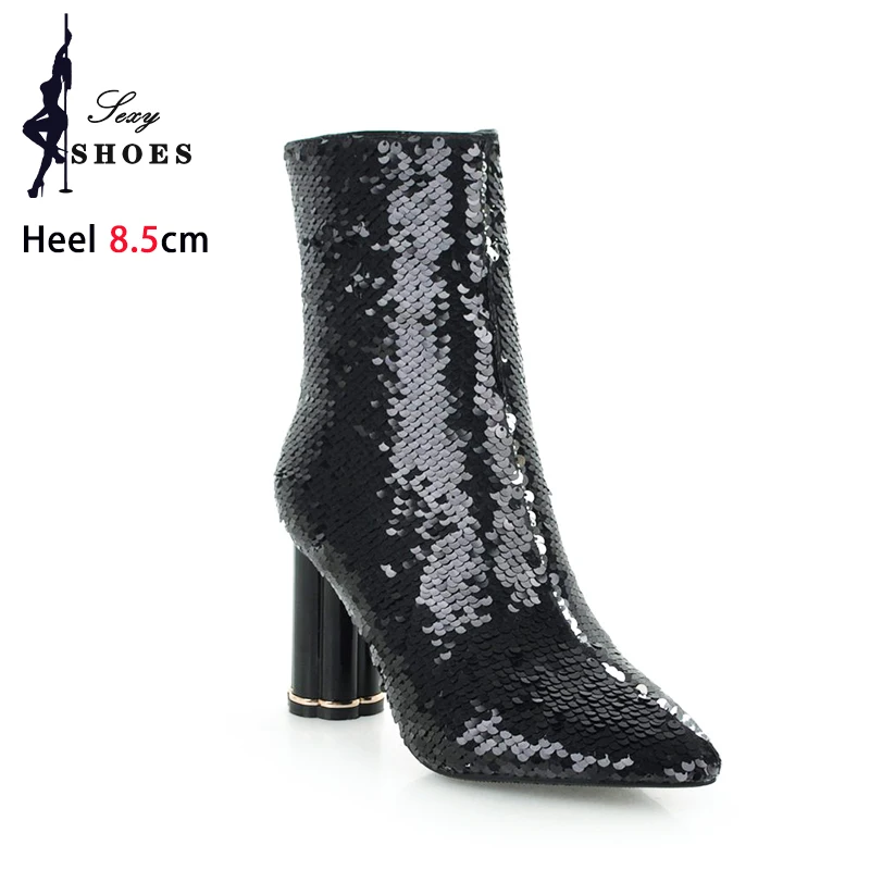 Glitter Ankle Boots For Women Pointy High Heels Autumn Winter Stage Show Sequins Lady Shoes Transparent Crystal Heel Short Boots