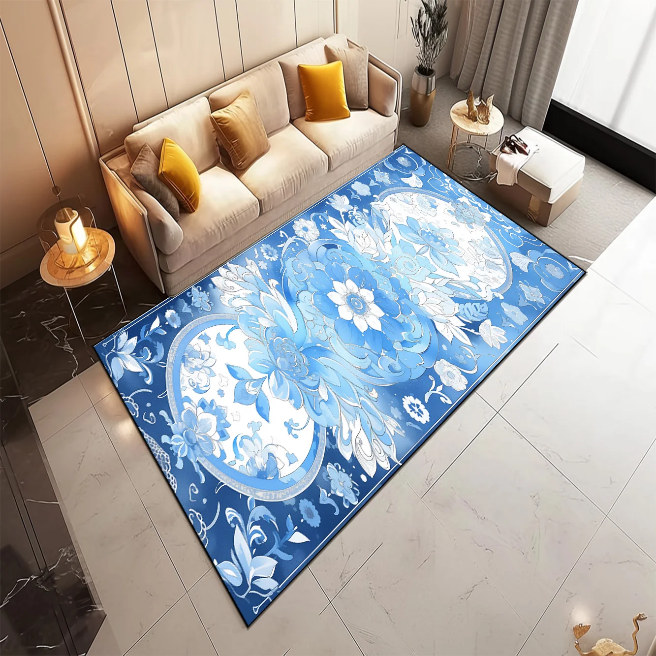 Blue Flower Pattern RUG FOR LIVE ROOM European Style Home Decor Large Carpet Non-slip Play Mat Machine Washable Ins Mat Bedside