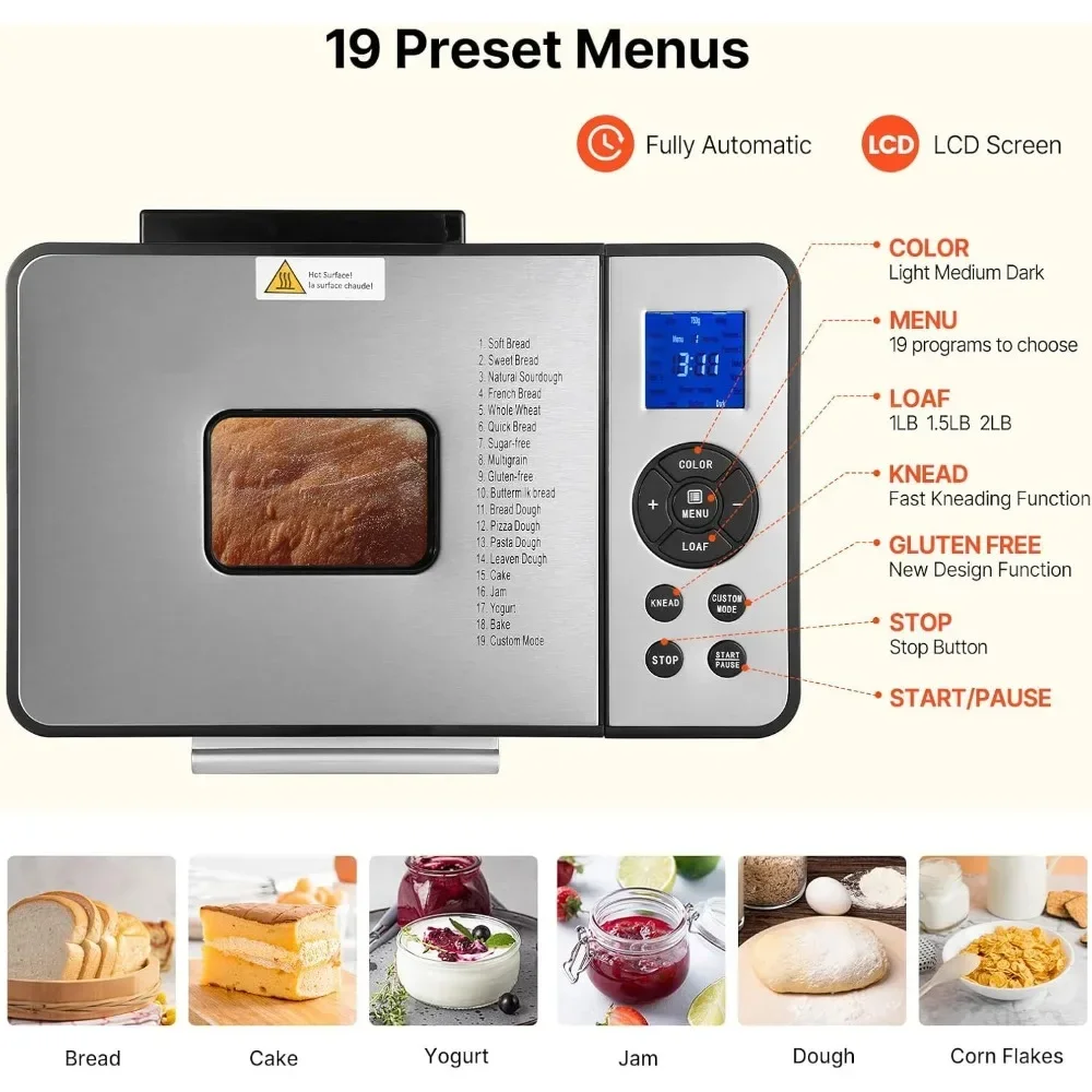 Bread Maker, Dough Machine(19-in-1 2LB), Nonstick Ceramic Pan Automatic Breadmaker with Gluten Free Setting, Whole Wheat Bread M