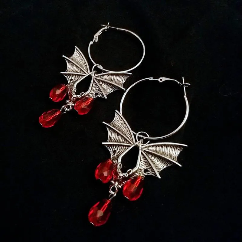 Halloween Gothic Earrings For Women Exaggerate Red Vampire Bat Demon Slayer Blood Glass Crystal Water Droplets Fashion Jewelry