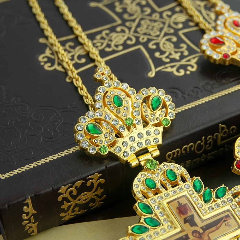HTISOK Orthodox Cross Pendant Gold Plated Jesus Crucifix Cross with Gemstone Sacred Jewelry Baptism for Religious Decor & Gift