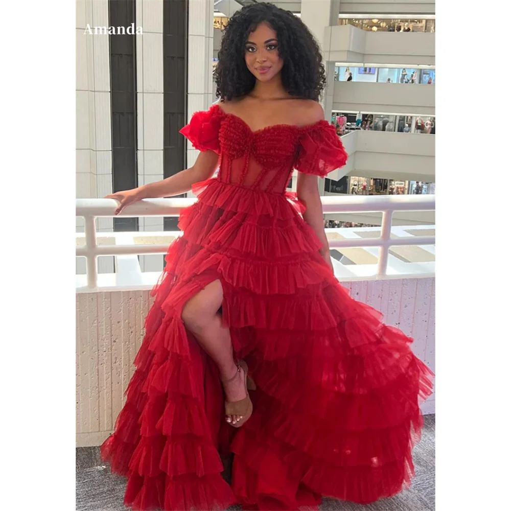 Amanda Mesh Off the Shoulder Tiered Ruffle Multilayer robes de soirée Side High Split Evening Dresses Graduation Wedding Dres