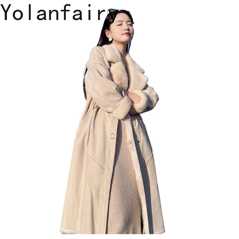 

YOLANFAIRY 100% натуральная шерстяная шуба женская зимняя модная из натуральной замши из козьей кожи, длинная шуба с воротником из меха норки