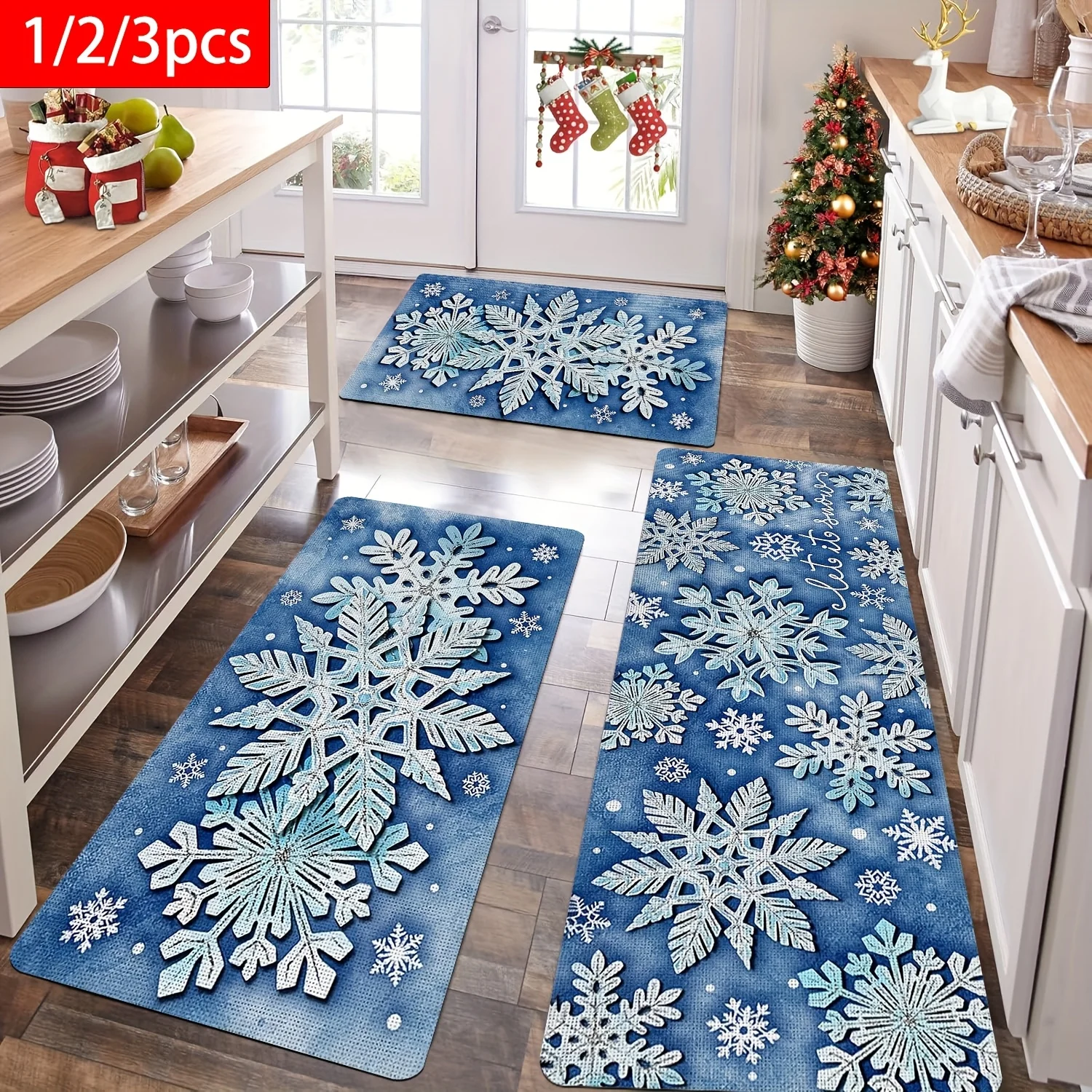 VIKAMA Set Christmas Kitchen Mats Non Slip Washable Blue Background 3D Snowflake Runners for Xmas Holiday Indoor Home Decor