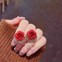 Korean Red Rose Zircon Stud Earrings For Women Luxury Crystal Flower Snowman Pearl Christmas Earrings Bride Wedding Jewelry Gift