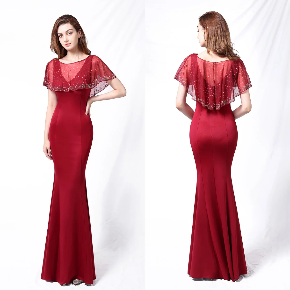 

Evening Dress Dark Red V-neck Crystal Shawl Zipper Back Mermaid Trumpet Floor Length WOmen Party Formal Gown YE384