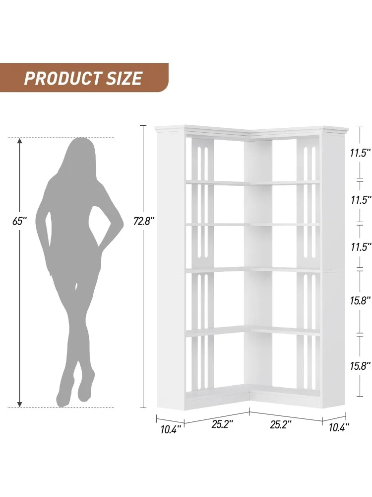 Corner Bookshelf 72.8in Farmhouse Bookcase Large Bookshelf Wood Bookcase Tall 5 Tier Corner Shelf L Shaped Bookshelf Storage