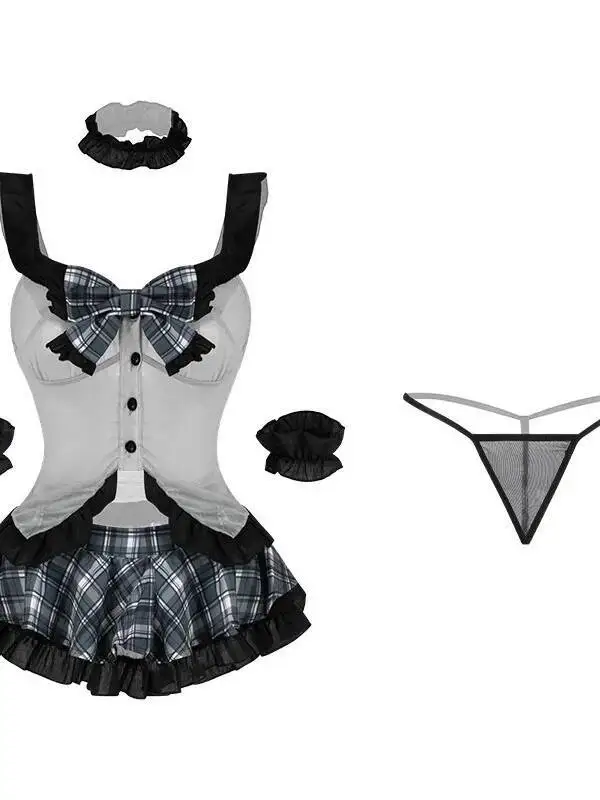 Sexy feminino bowknot sheer xadrez vestido de renda malha emenda transparente sem mangas profundo v campus jk uniforme vestido encantador t1jg