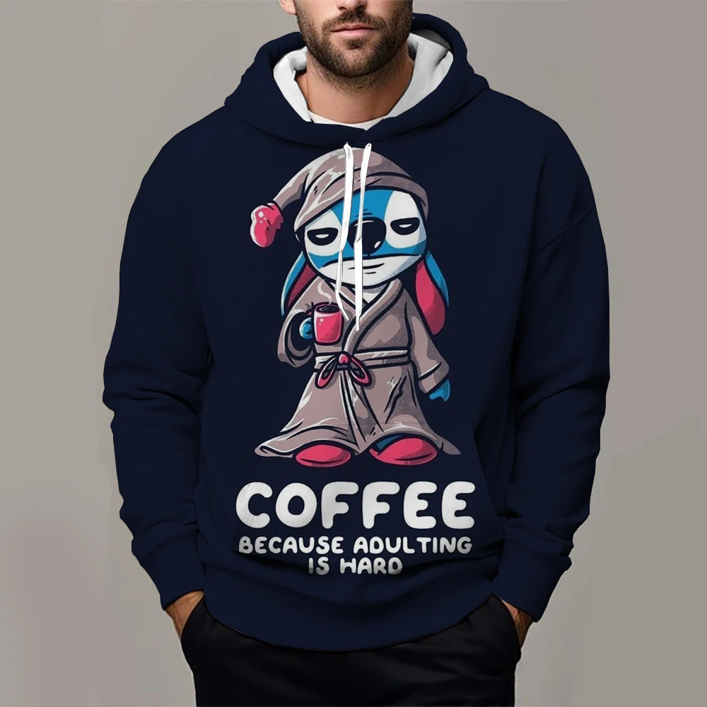 

Stitch Print Men's Autumn and Winter Hoodie Plus Velvet Sports Sweatshirt Black Loose Men's Children Clothing