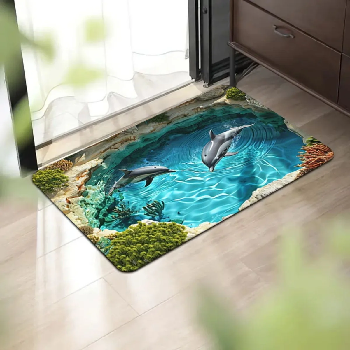 3D Dolphin Coral Reef Doormat Non Slip Flannel Rug Machine Washable for Bathroom Living Room Bedroom Ocean Theme Floor Mat