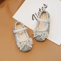 Pearl Rhinestones Girl Princess Bow Little Girl Shoes 2024 New Children's Single Leather Shoes