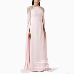 Pale Pink Evening Dress with Beading Crystal Customized Round Neck Long Sleeves Arabian Wedding Party Gown Prom Dresses