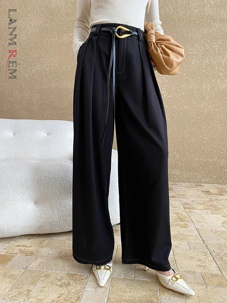 [LANMREM] Office Lady Pleated Design Pant For Women Straight Wide Leg Trousers Minimalism Clothing 2024 Winter New 26C840