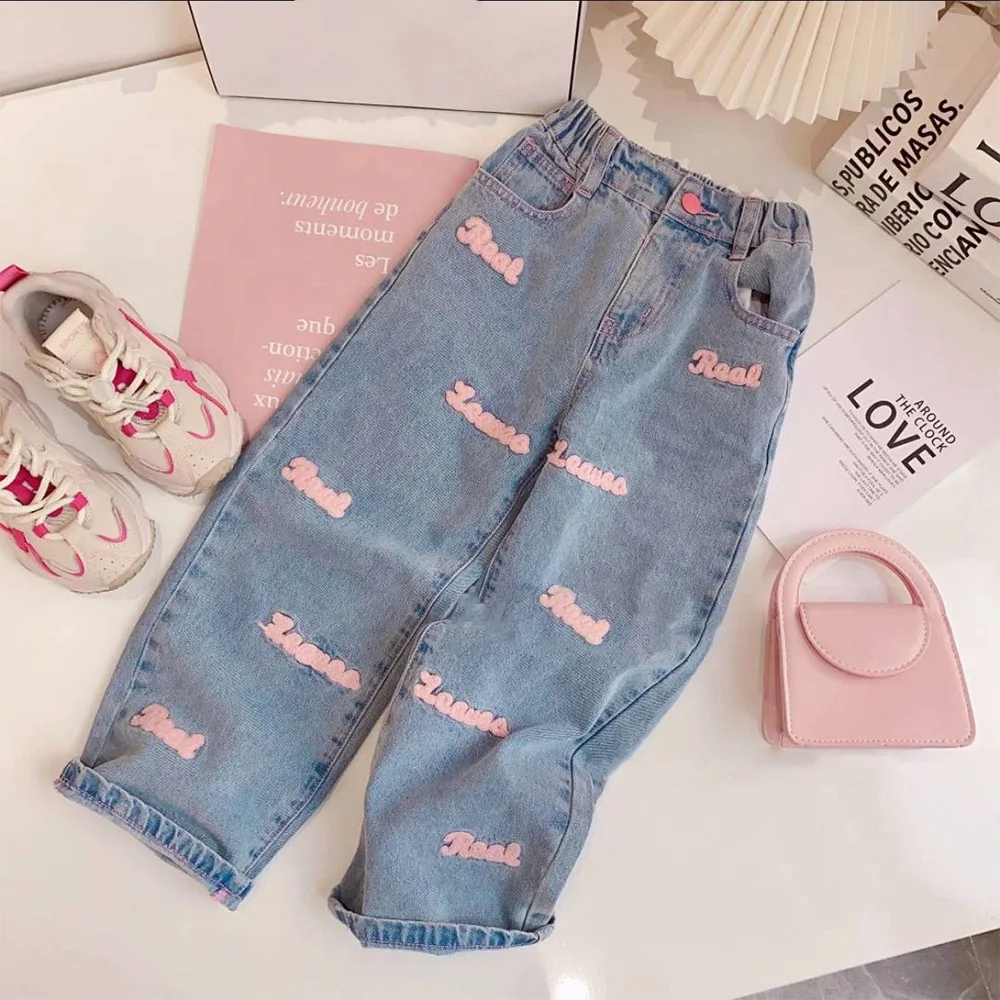 4 5 6 8 10 12 Years Girls Clothing Set Spring Autumn Solid Color Long Sleeve Top+Letter Print Wide Leg Jeans 2Pcs Fashion Suit