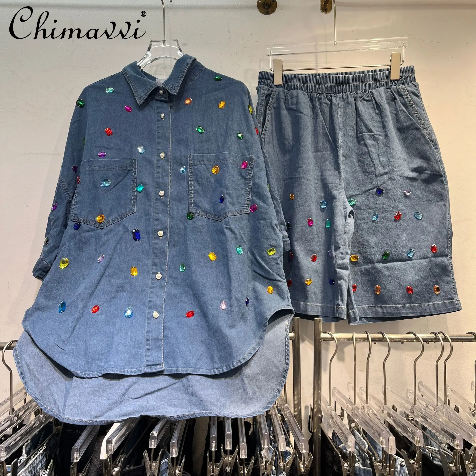 

2025 Summer Clothes New Fashion Irregular Denim Shirt Top Heavy Industry Diamond Elastic Waist Shorts Two-piece Women's Outfits