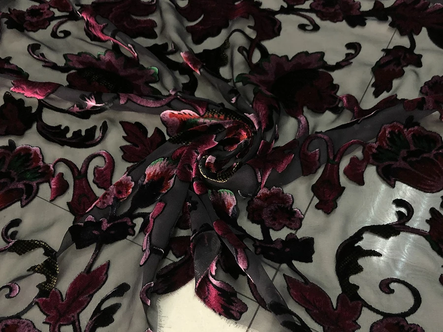 

High Quality Real Silk Velvet Fashion Cloth Black Bottom Gorgeous Flower Cutout Non-Inverted Designer Fabric for Cheongsam Qipao