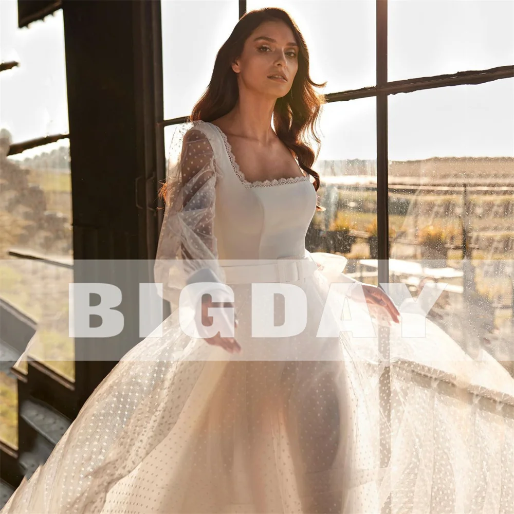 Elegant A-Line Wedding Dress Women 2024 Open Back Long Sleeve Square Collar Lace Tulle Bridal Gown Sweep Train Vestidos De Noiva