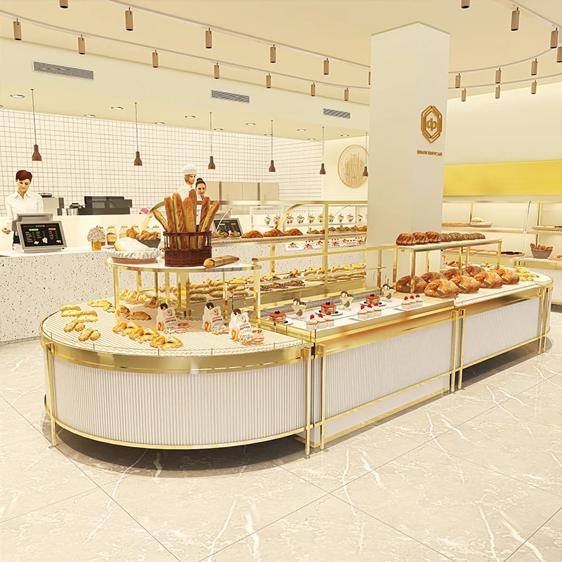 Bread display center island cabinet Circular cake cabinet commercial curved glass titanium plated pastry display counter