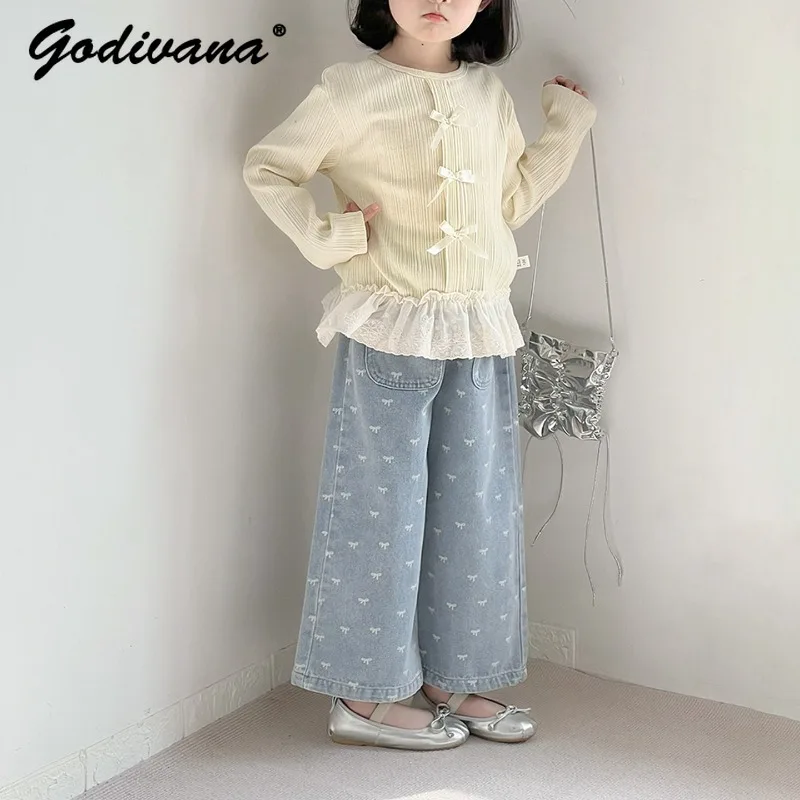 

Girls Straight Leg Jeans 2026 Spring and Summer New Children's Sweet Bow Print Light-colored Wide Leg Elastic Waist Denim Jeans