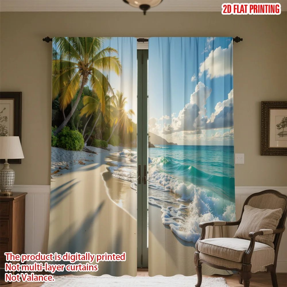 

2D flat printing 2pcs Party Window Curtains Sunlit Tropical Beach Waves Digital Printed Polyester Drapes Party Decorations Use