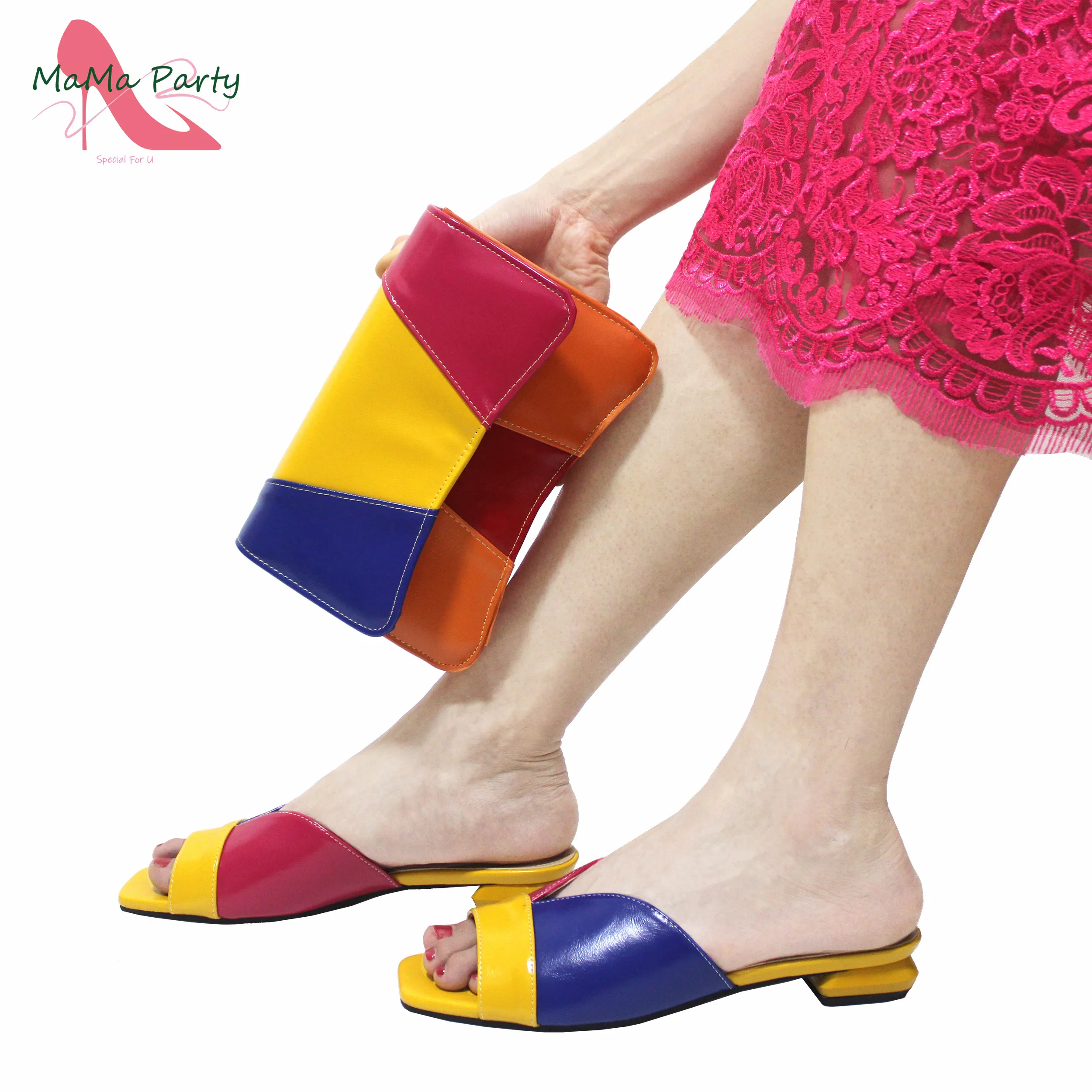 

Yellow Color New Arrivals Low Heels Special Design African Shoes and Bag To Match Multi color splicing design for Garden Party