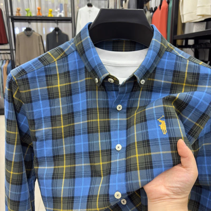 

Мужская рубашка из 100% хлопка с начесом в клетку, с вышивкой маленькой лошади, для весны и осени, деловой повседневный стиль, базовый слой