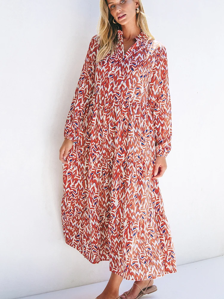 Długa spódnica damska z nadrukiem jesiennych kwiatów, modna, uniwersalna, o średniej długości, z wysokim stanem, w kształcie litery A, z poliestru.