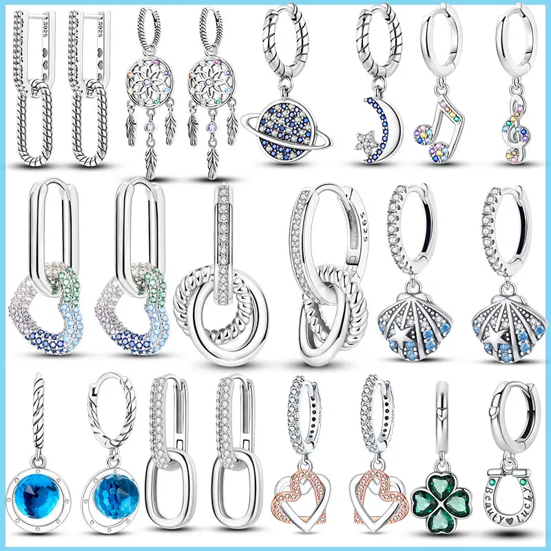 

925 Silver Hoop Earrings For Woman Pendientes Zircon Heart Shape Star Eardrop Original Earring Fashion Jewelry