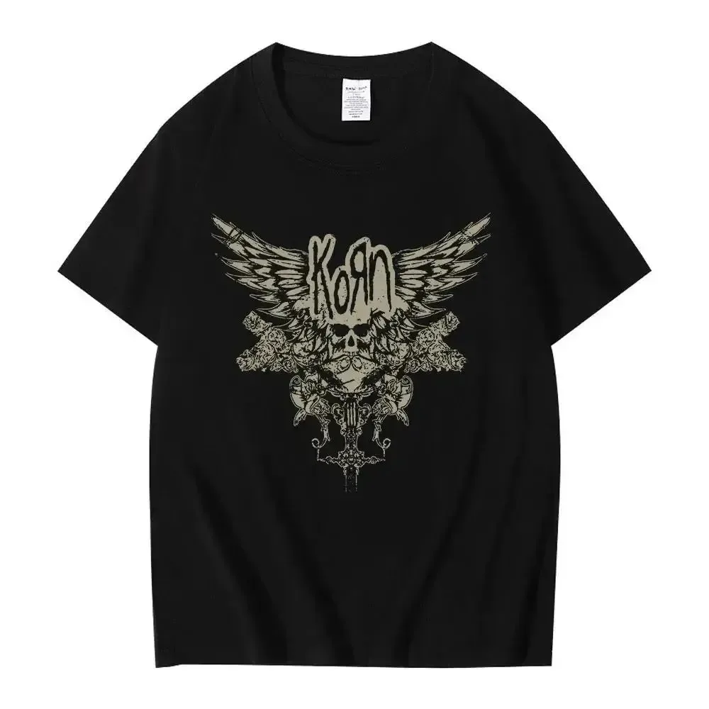 2024 Summer Korn Skull Wings Black T Shirt Women and Men Metal Gothic Rock Band T Shirts Vintage Plus Size T-shirt Cotton Tops