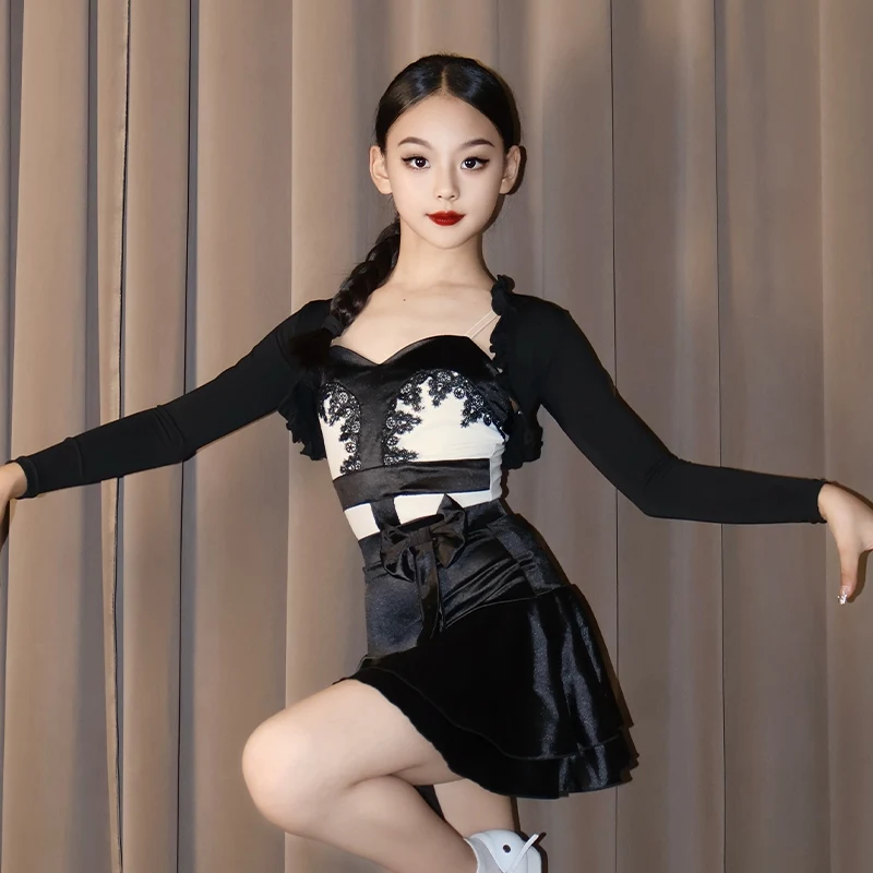 Vêtements de danse latine pour filles, Costume noir 3 pièces à manches longues, Costume de danse Cha Cha Rumba, robes de spectacle, automne et hiver, DNV25289