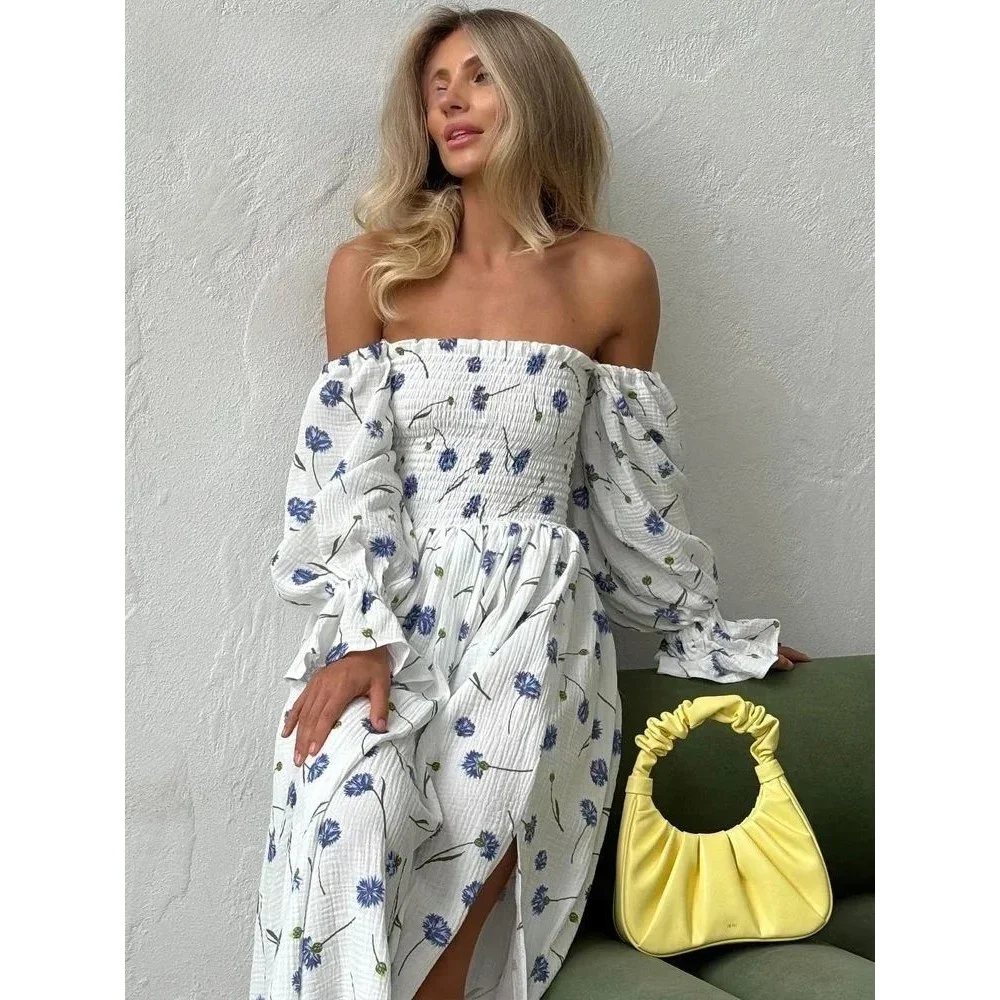 

Elegant Ruffle Midi Floral Cotton Dress for Women Summer 100% Cotton H-Line Embroidered Waist Design Mid-Length Skirt