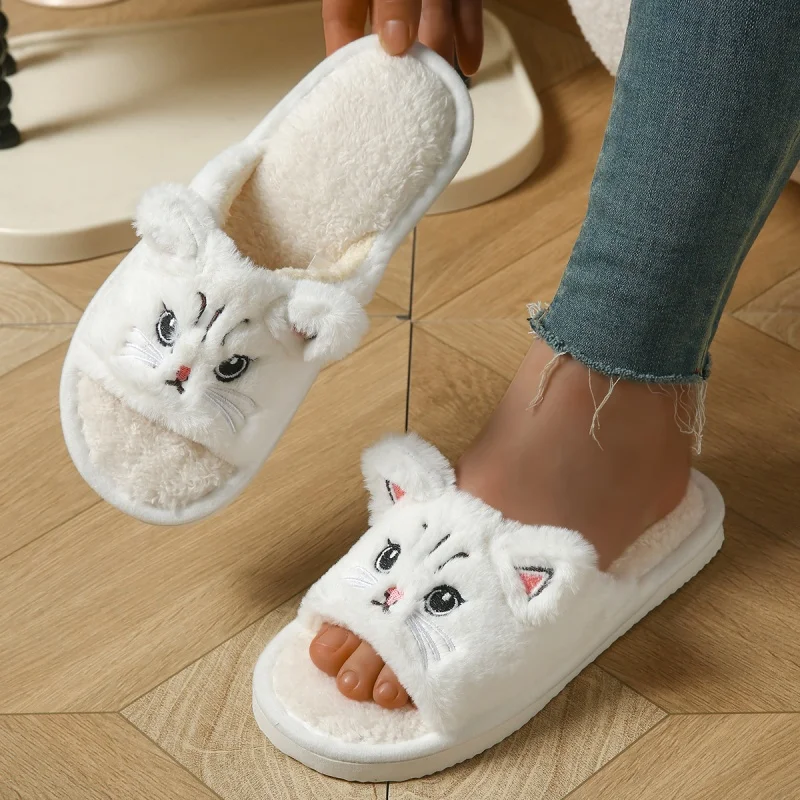 Cute Cat Plush Flip Flops For Women Men Warm Fuzzy Thong Slippers Cartoon Animal Indoor House Slippers Soft Thick EVA Sandals view 5