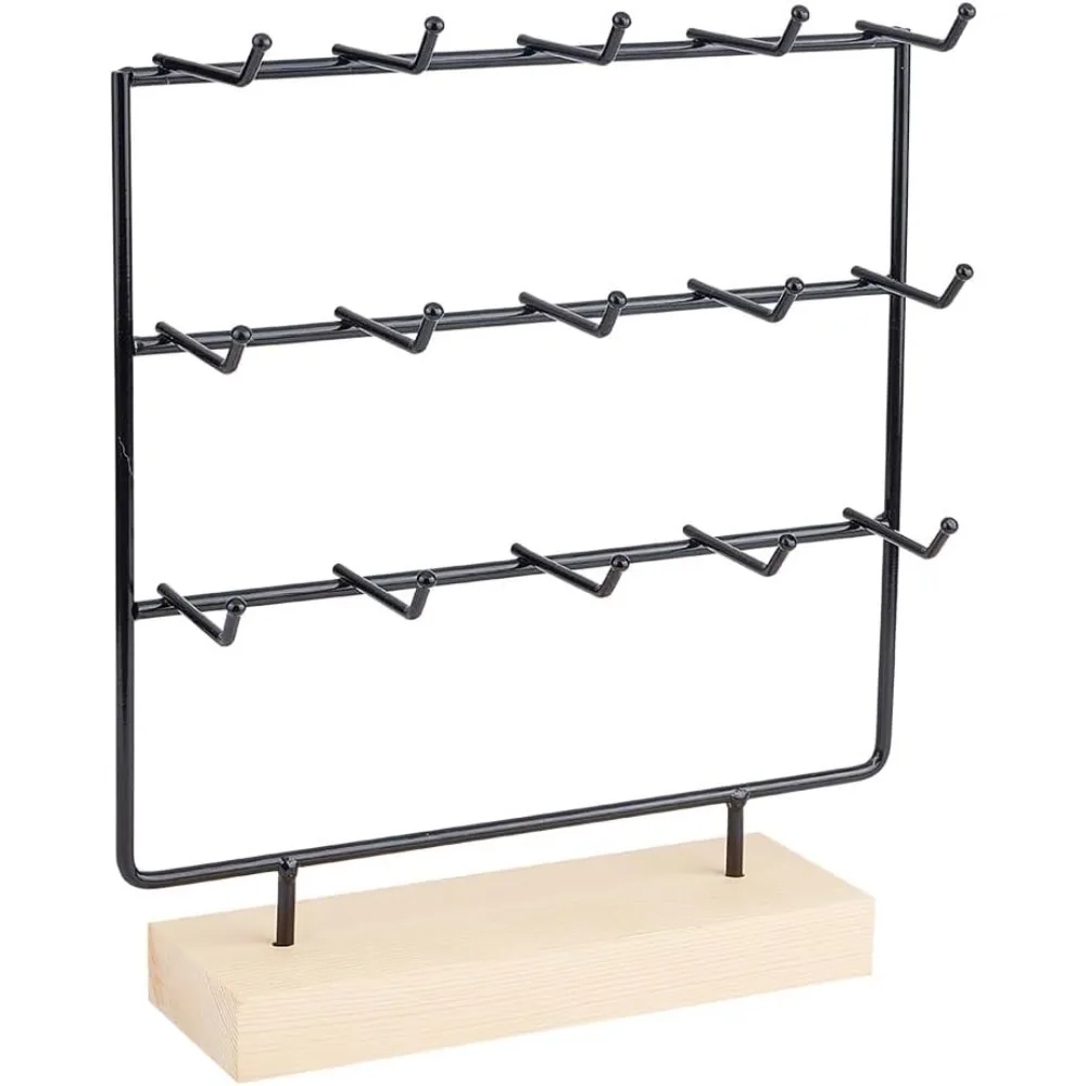 1Pc 3-Tier 15-Hook Earring Display Holder Wooden Basement Earring Card Stand Iron Construction Earring Storage Rack Rectangle