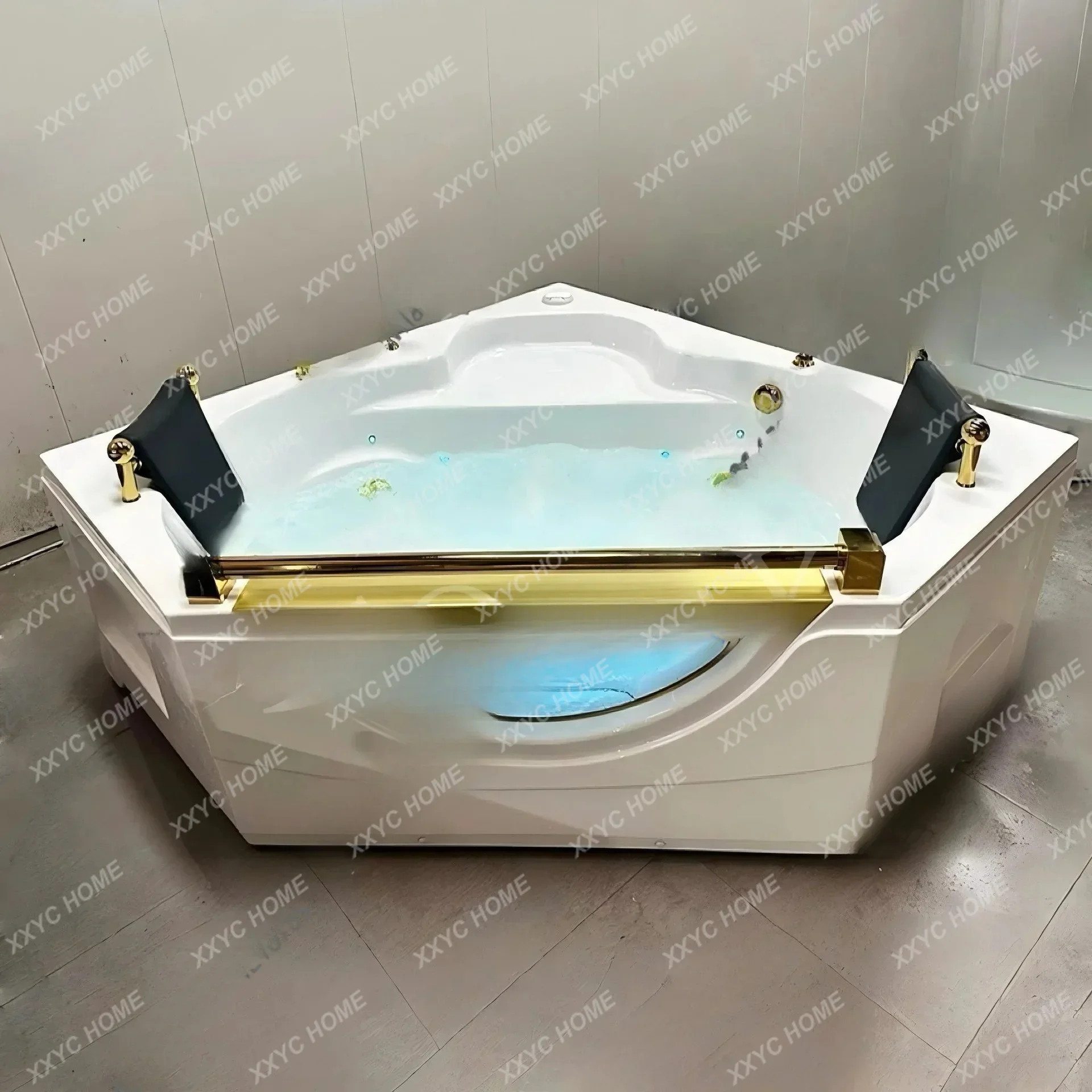 ES White acrylic glass bathtub for 2 people massage corner bathtub with golden armrests installed hotel villa bathtub
