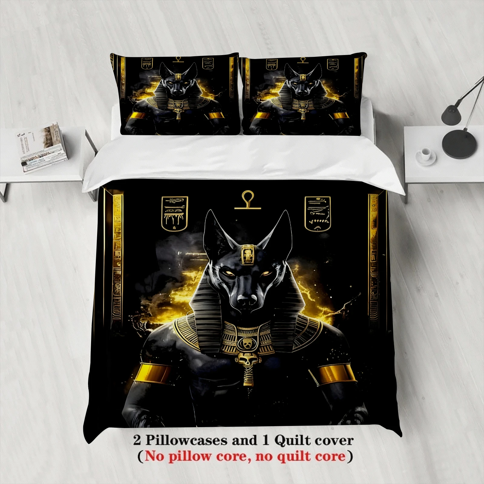 Ancient Egyptian Anubis Duvet Cover Set Black Gold Egyptian God Bedding For Egyptian Culture Lovers Bedroom Twin Queen King Size
