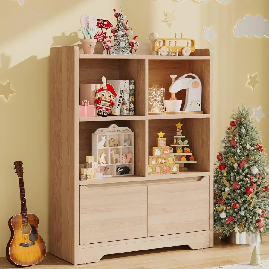 

Bookshelf and Toy Organizer 2 Tier Book Shelf for Kid Rooms with 2 Doors 4 Cubes Storage Organizer Wood Bookcase Freestanding T