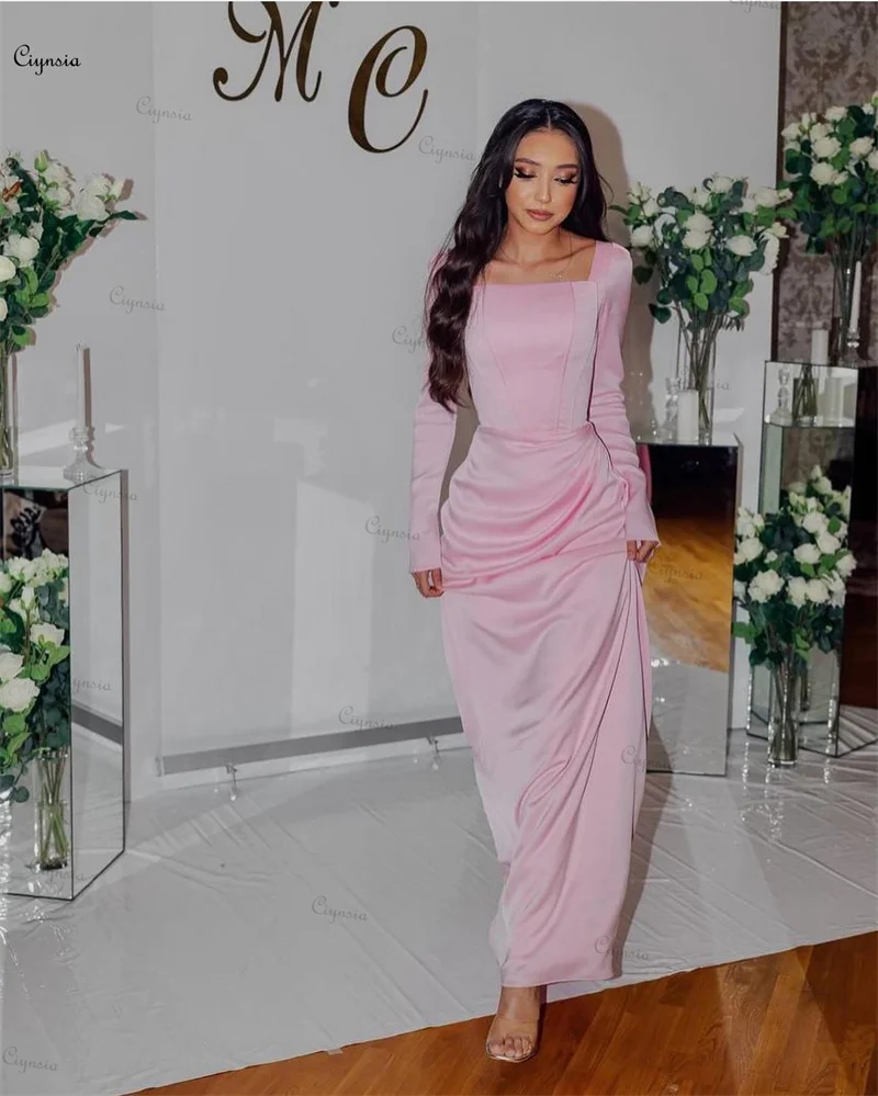 Ciynsia Elegant Arabic Evening Dress Wedding Guest Dresses for Women Pink Long Sleeve Formal Gowns Mermaid فساتين مناسبة رسمية