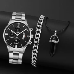 3Pcs Mens Fashion Business Quartz Watch Fashion Three Eye Calendar Men Watch Necklace Bracelet Stainless Steel WristWatch Gift