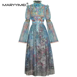 MARYYIMEI Fashion Designer Summer Skirts Suit Women's Flare Sleeve Printed Shirts and Mesh Midi Skirt Two Pieces Set