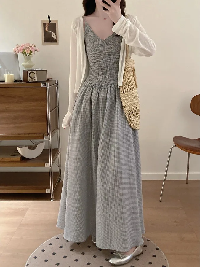 

plus Size Summer New Style Sun Protection V-Neck Plaid Wrap Dress Set High Waist Korean Style Commute Long Sleeve Midi Dress