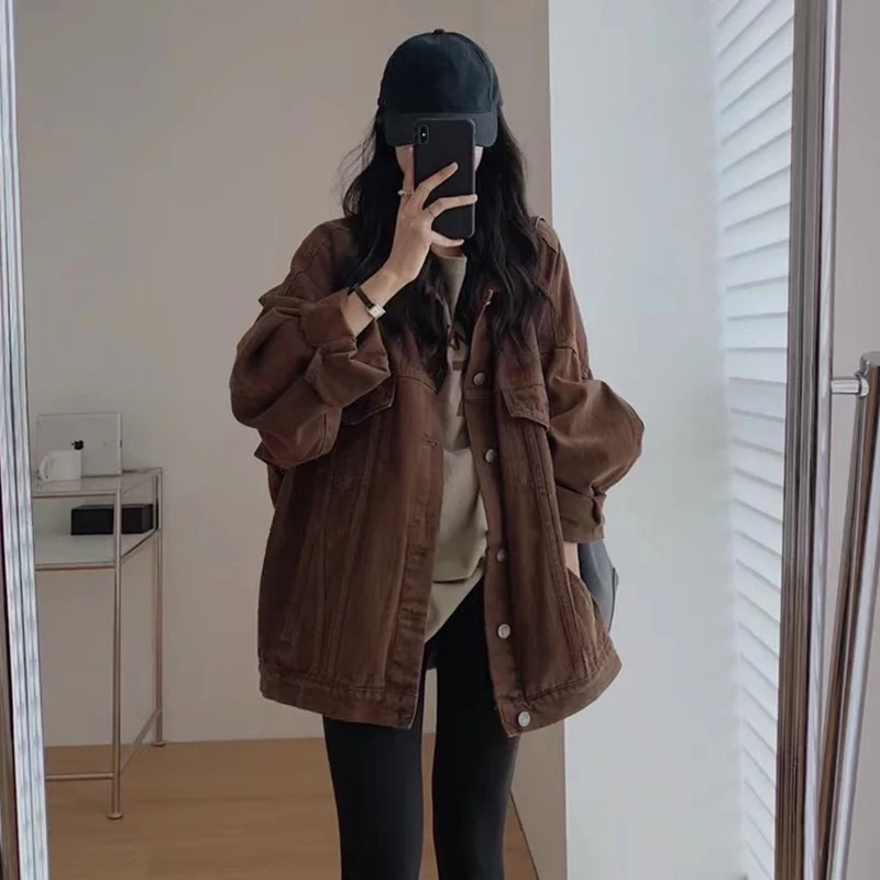 2026 Autumn New Port Style Retro Denim Coat Women Loose Slim Design Sense of Temperament Coffee Color Jacket Solid Color Commute
