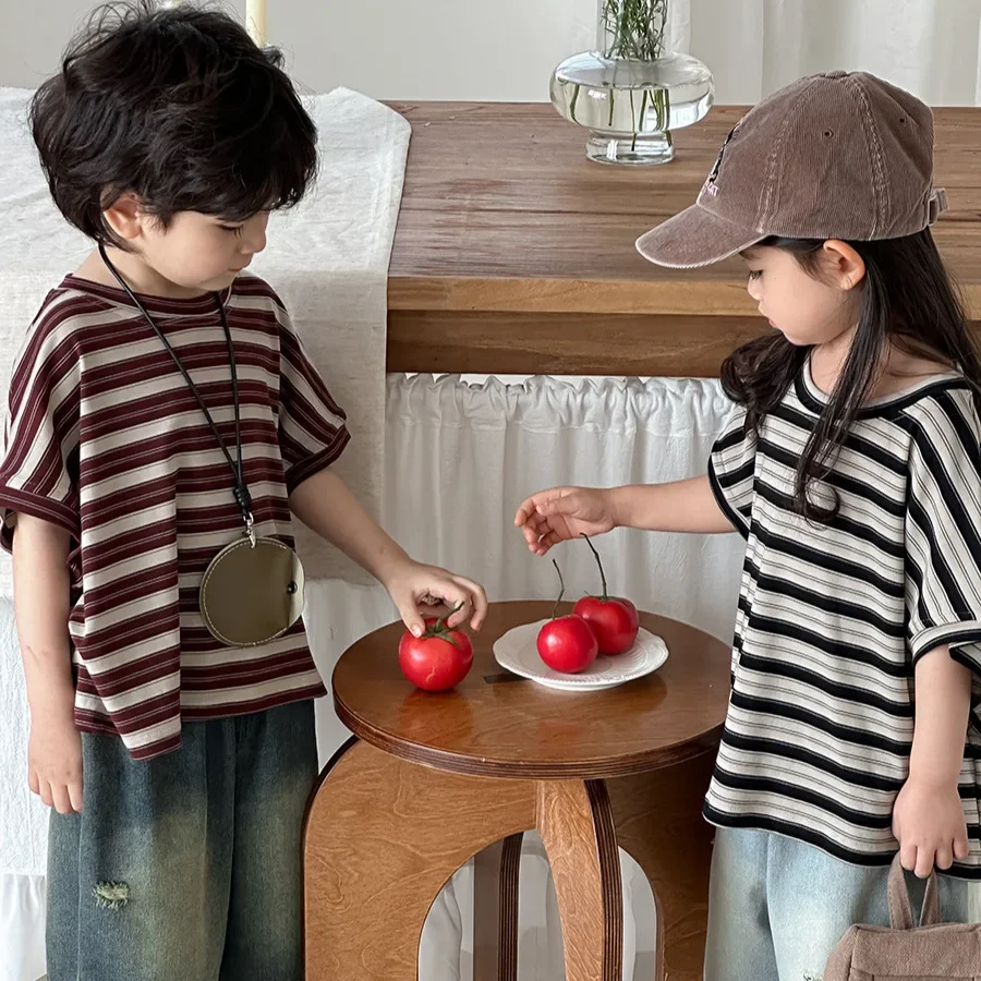 2026 Summer Unisex Kids Striped Drop Shoulder Tee Loose Casual Soft Breathable Daily Stylish Toddler Basic Short Sleeve Top